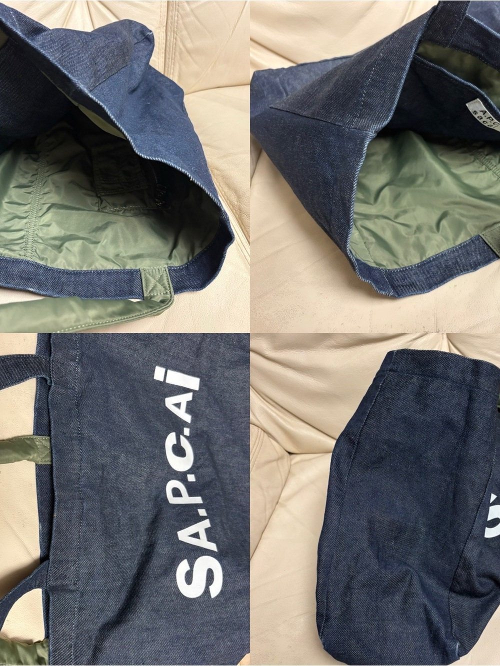 SACAI x APC Large Denim Tote Bag Reversible Green Nylon Bomber Jacket Style - Picture 13 of 13